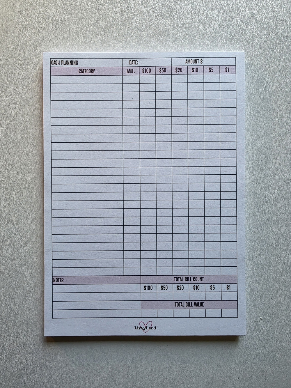 Livvy Land Cash Planning Pad - Pink Accent 5 X 7